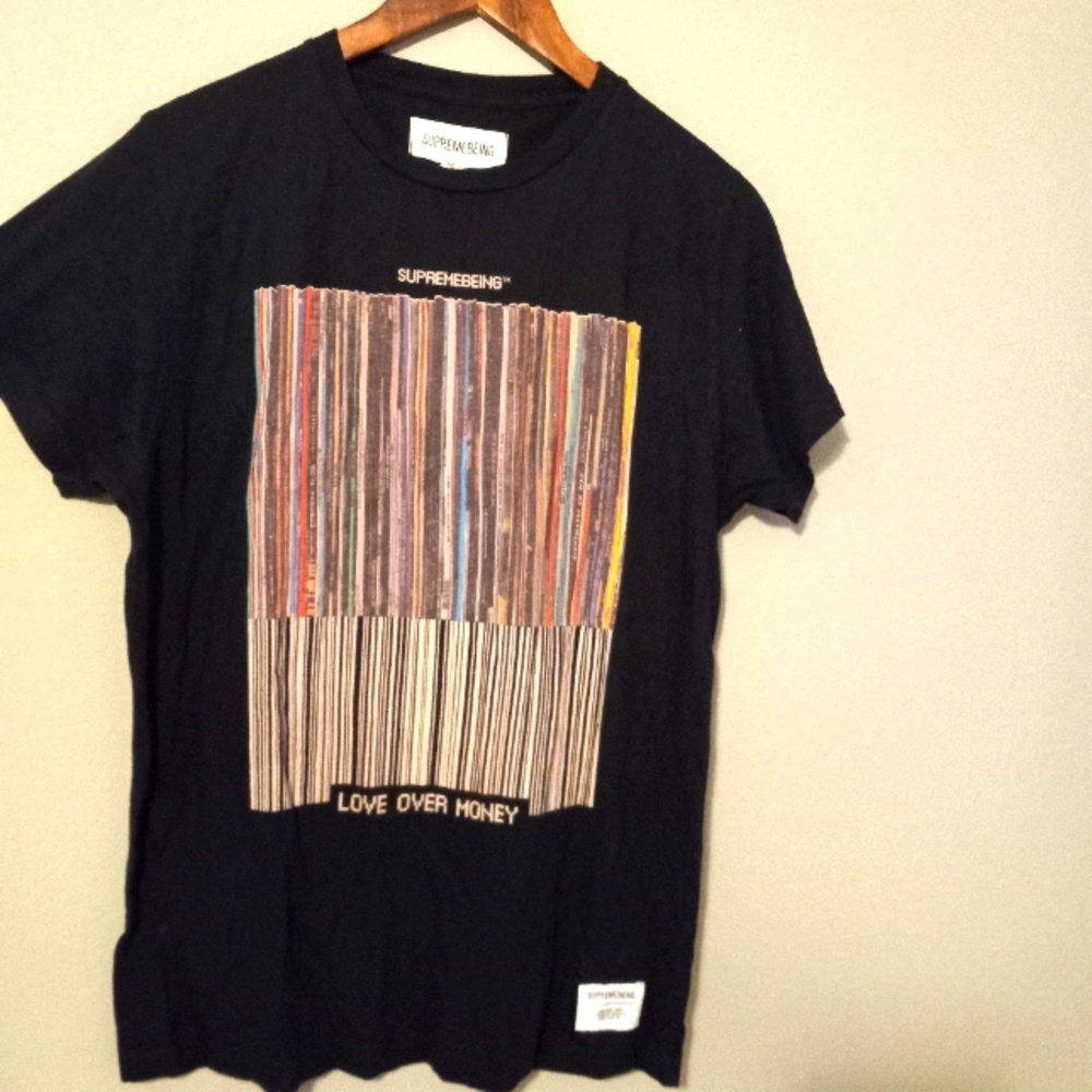 SupremeBeing S Love Over Money UPC Code Crew Neck Short Sleeved Shirt